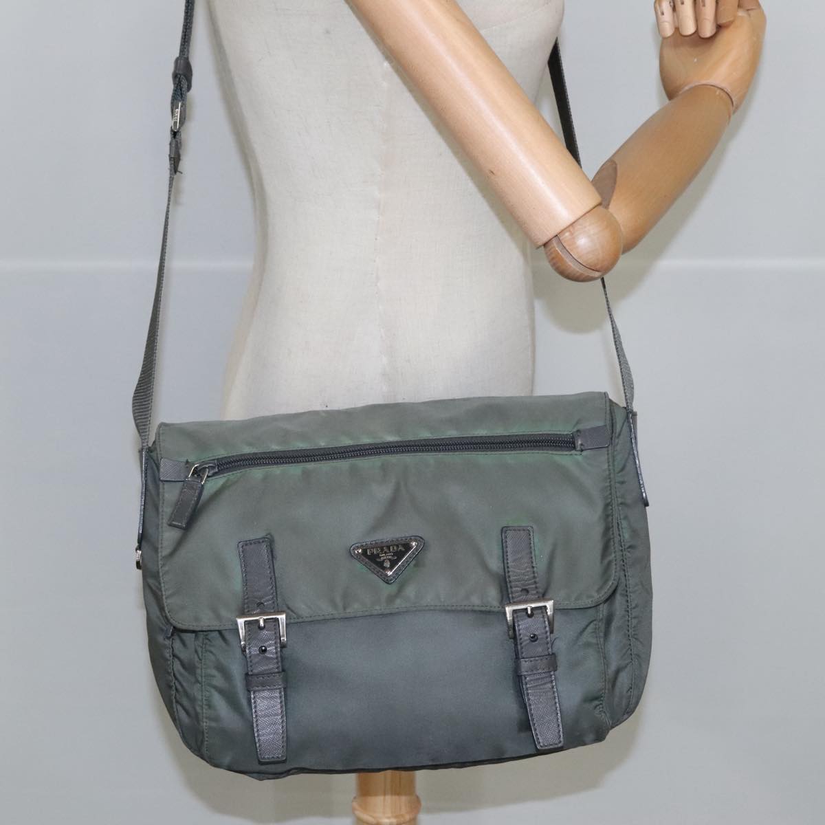 PRADA Shoulder Bag Nylon Khaki Silver Auth kk379