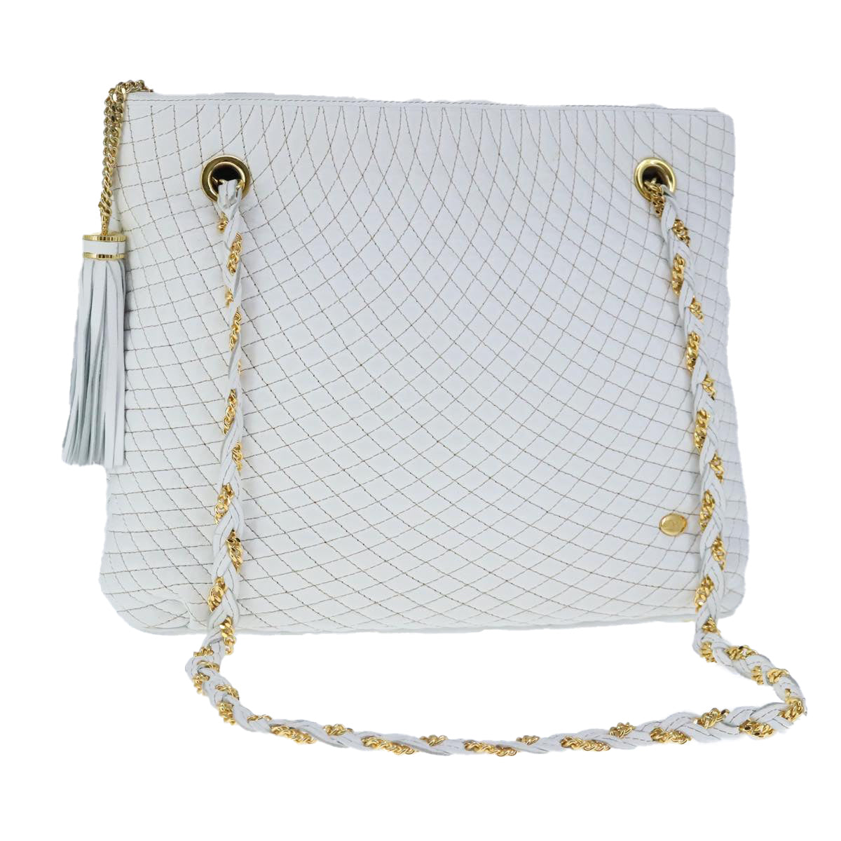 BALLY Quilted Chain Shoulder Bag Leather White Gold Auth kk381