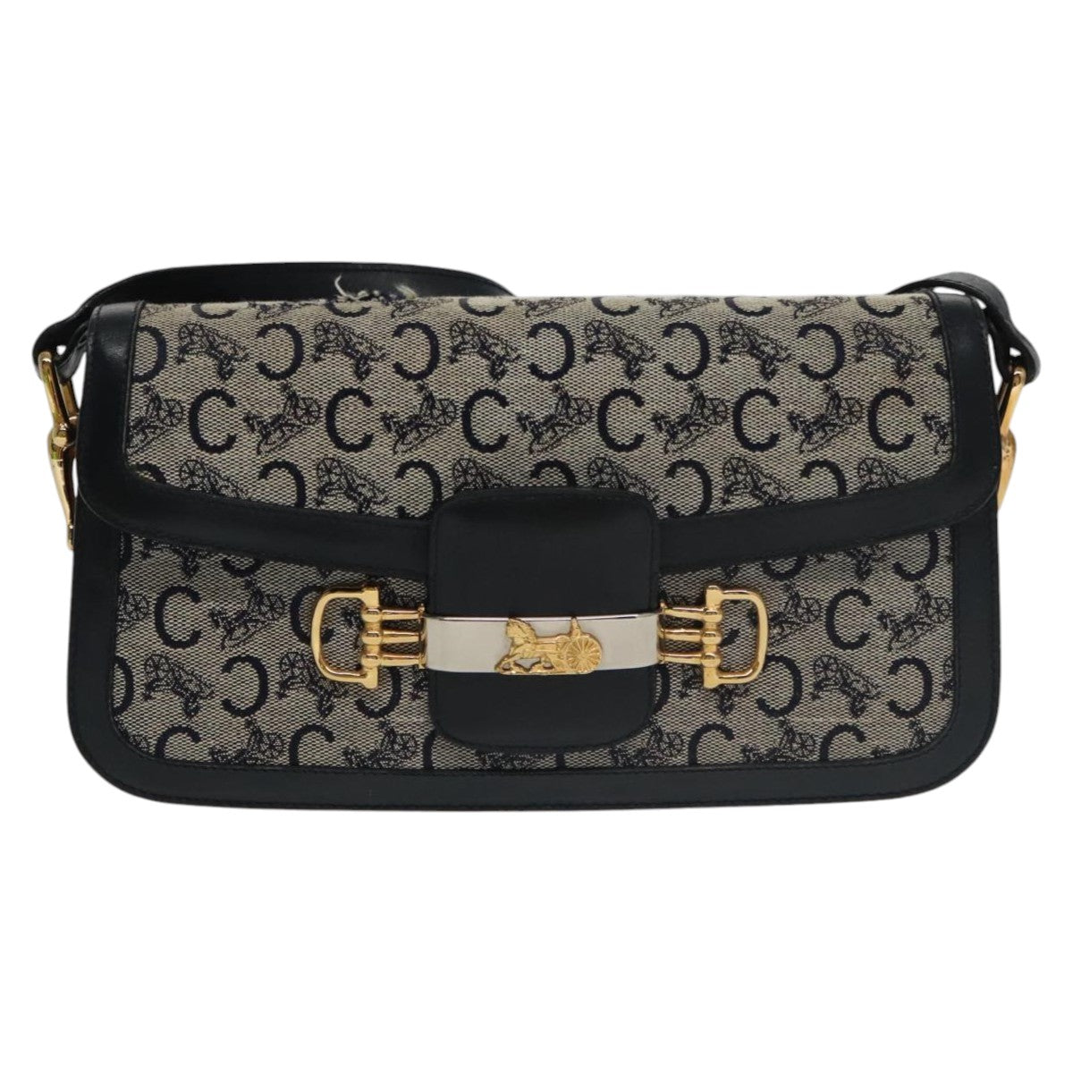 CELINE C Sulky Shoulder Bag Canvas Navy Gold Auth kk382 - 0