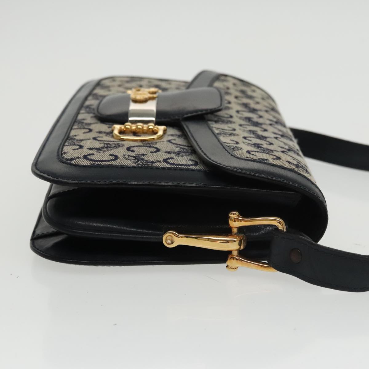 CELINE C Sulky Shoulder Bag Canvas Navy Gold Auth kk382