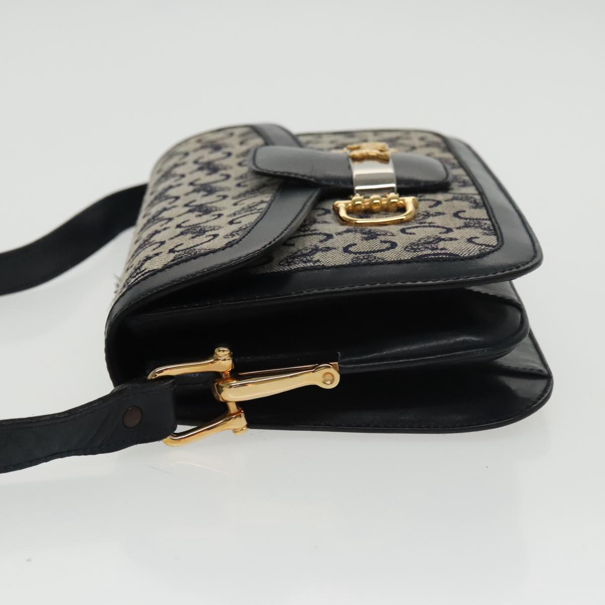 CELINE C Sulky Shoulder Bag Canvas Navy Gold Auth kk382