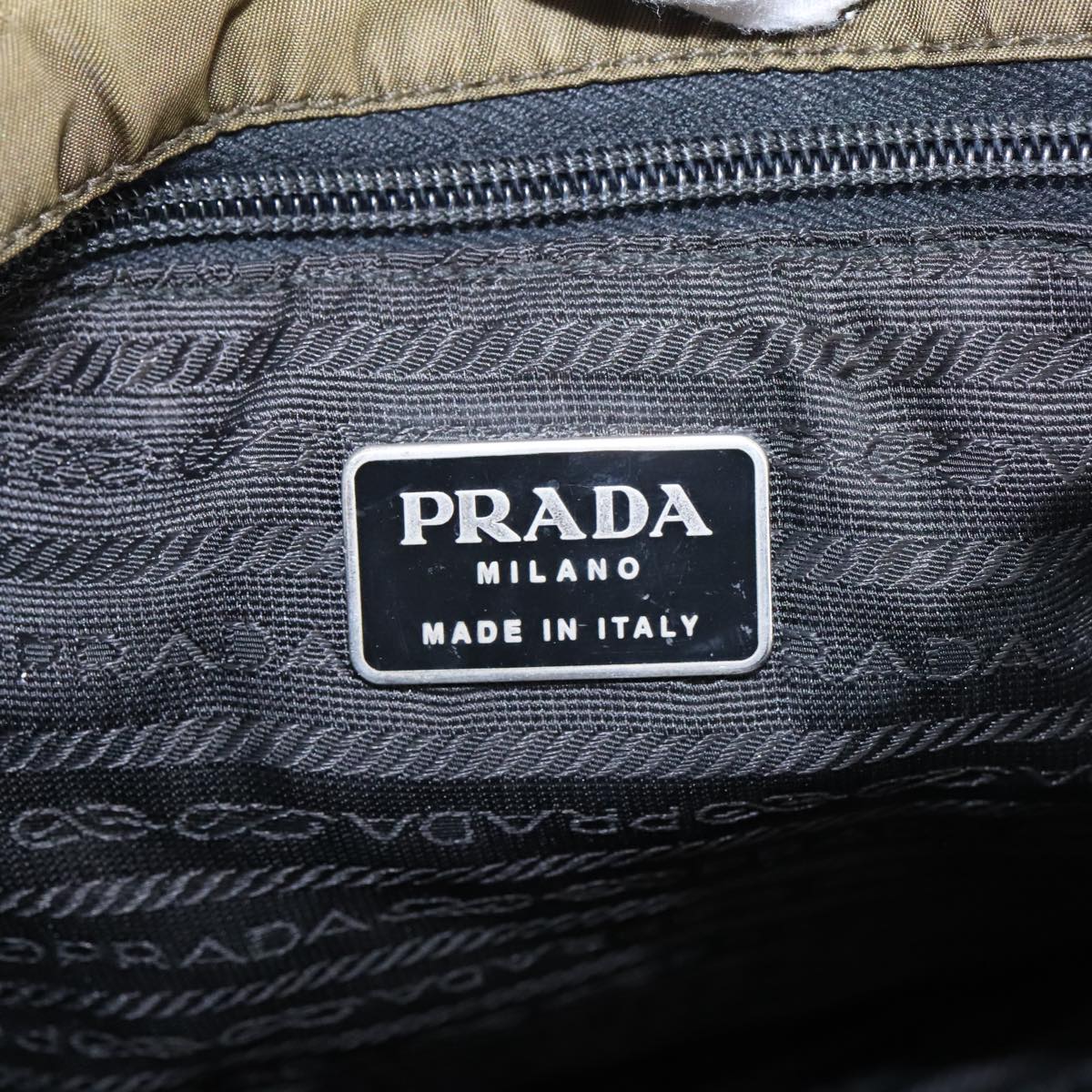 PRADA Tote Bag Nylon Khaki Silver Auth kk386