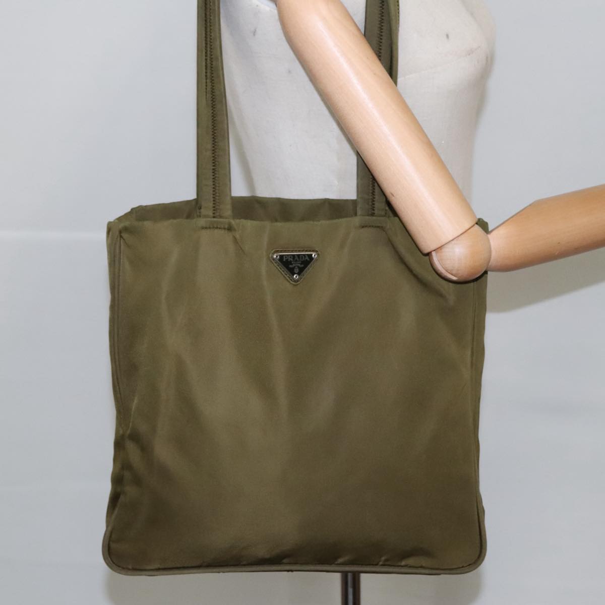 PRADA Tote Bag Nylon Khaki Silver Auth kk386