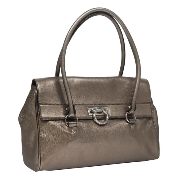 Salvatore Ferragamo Gancini Hand Bag Leather Silver Auth kk412