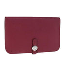 HERMES Dogon GM Wallet Leather Red Silver Auth kk428-1