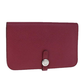 HERMES Dogon GM Wallet Leather Red Silver Auth kk428