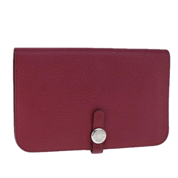 HERMES Dogon GM Wallet Leather Red Silver Auth kk428