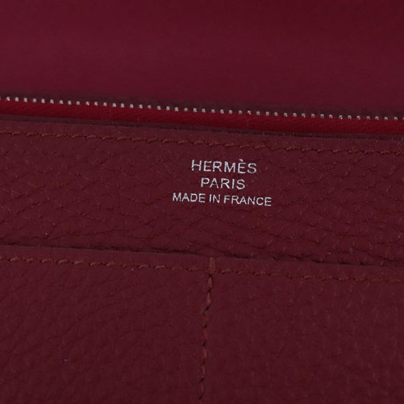 HERMES Dogon GM Wallet Leather Red Silver Auth kk428