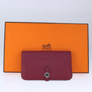 HERMES Dogon GM Wallet Leather Red Silver Auth kk428-23