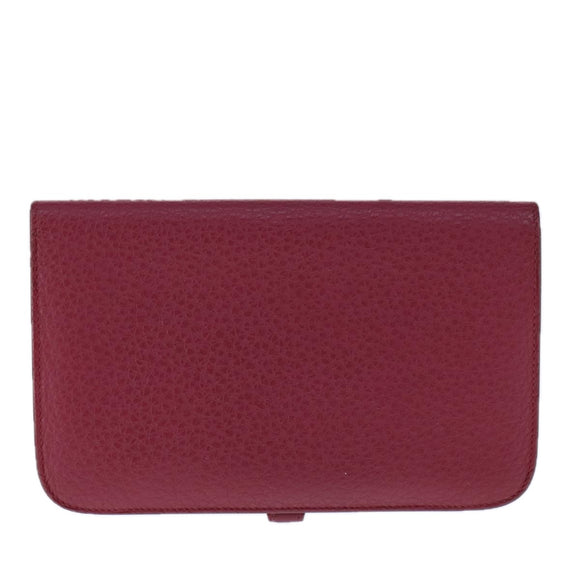 HERMES Dogon GM Wallet Leather Red Silver Auth kk428