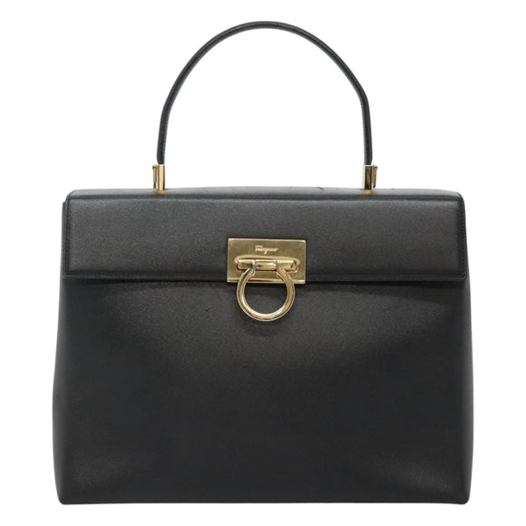 Salvatore Ferragamo Gancini Hand Bag Leather 2way Black Gold Auth kk442