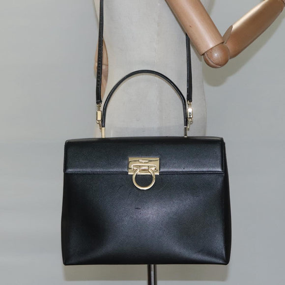 Salvatore Ferragamo Gancini Hand Bag Leather 2way Black Gold Auth kk442
