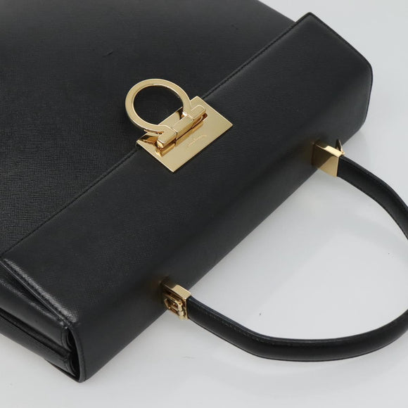 Salvatore Ferragamo Gancini Hand Bag Leather 2way Black Gold Auth kk442