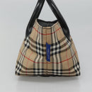 BURBERRY Nova Check Blue Label Hand Bag Nylon Beige Silver Auth kk458-3