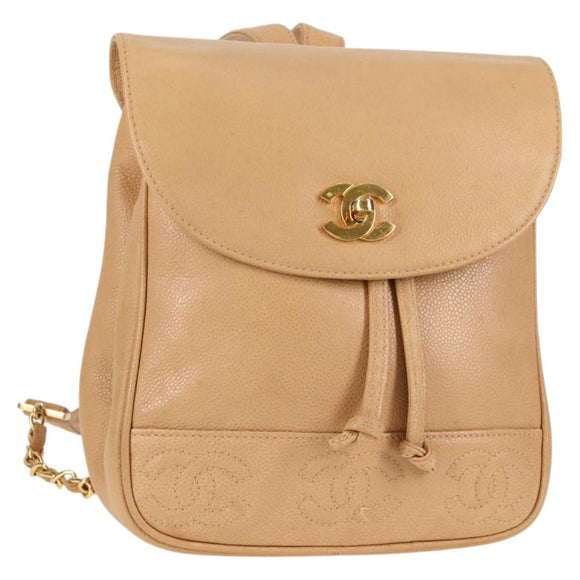 CHANEL Backpack Calf Skin Beige Gold CC Auth kk466V