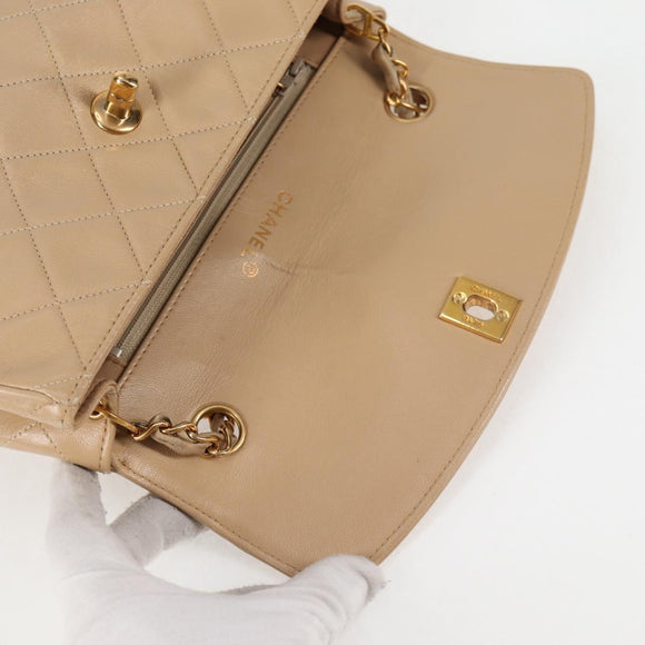 CHANEL Matelasse Chain Shoulder Bag Lamb Skin Beige Gold CC Auth kk467V