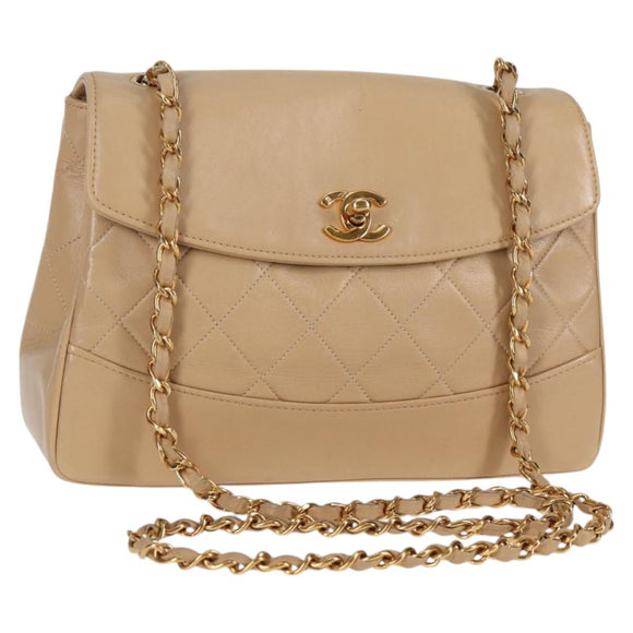 CHANEL Matelasse Chain Shoulder Bag Lamb Skin Beige Gold CC Auth kk467A