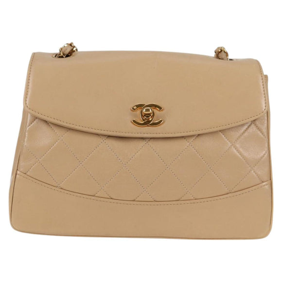 CHANEL Matelasse Chain Shoulder Bag Lamb Skin Beige Gold CC Auth kk467A