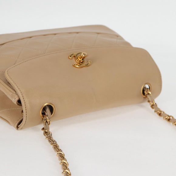 CHANEL Matelasse Chain Shoulder Bag Lamb Skin Beige Gold CC Auth kk467V