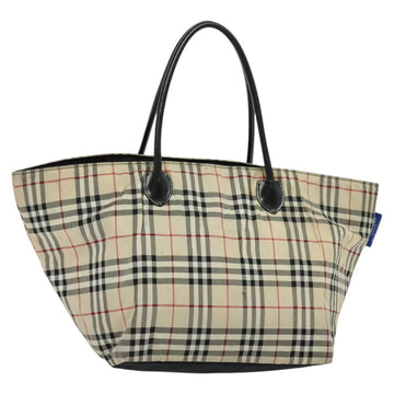 BURBERRY Nova Check Blue Label Tote Bag Nylon Beige Silver Auth kk468