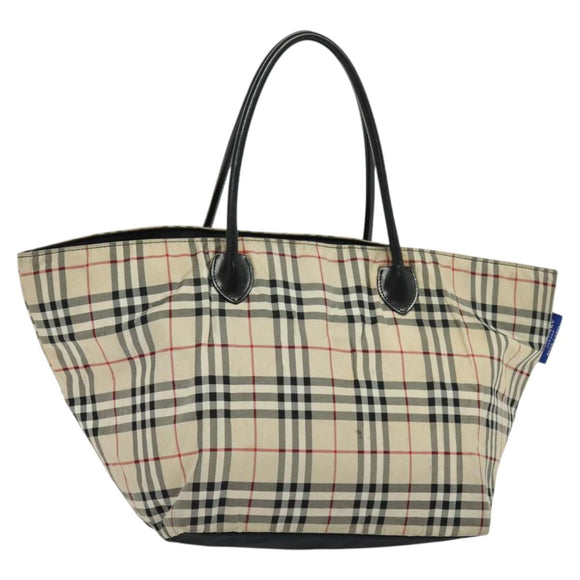 BURBERRY Nova Check Blue Label Tote Bag Nylon Beige Silver Auth kk468
