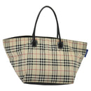 BURBERRY Nova Check Blue Label Tote Bag Nylon Beige Silver Auth kk468-13