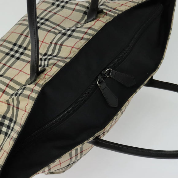 BURBERRY Nova Check Blue Label Tote Bag Nylon Beige Silver Auth kk468