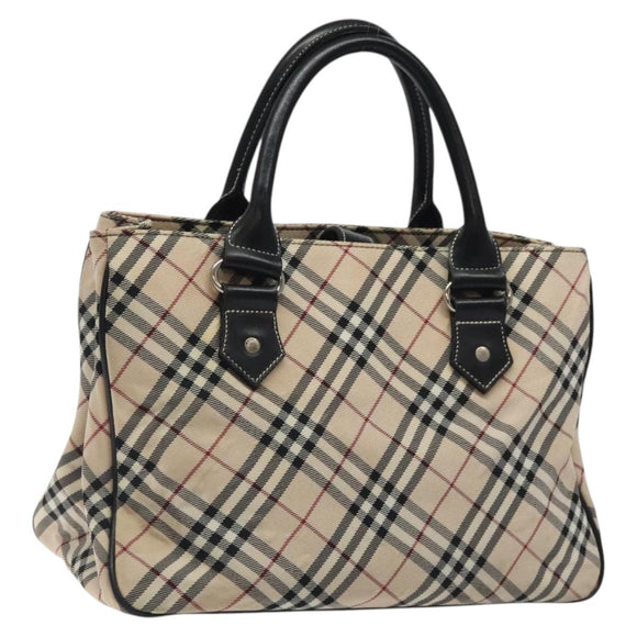 BURBERRY Nova Check Blue Label Hand Bag Nylon Beige Silver Auth kk474