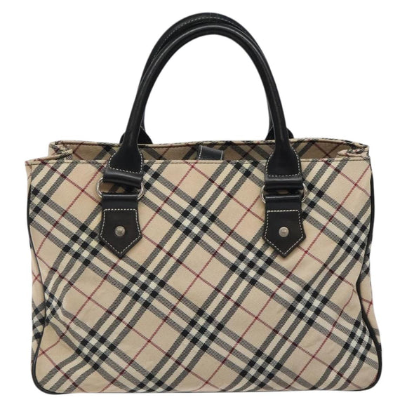 BURBERRY Nova Check Blue Label Hand Bag Nylon Beige Silver Auth kk474