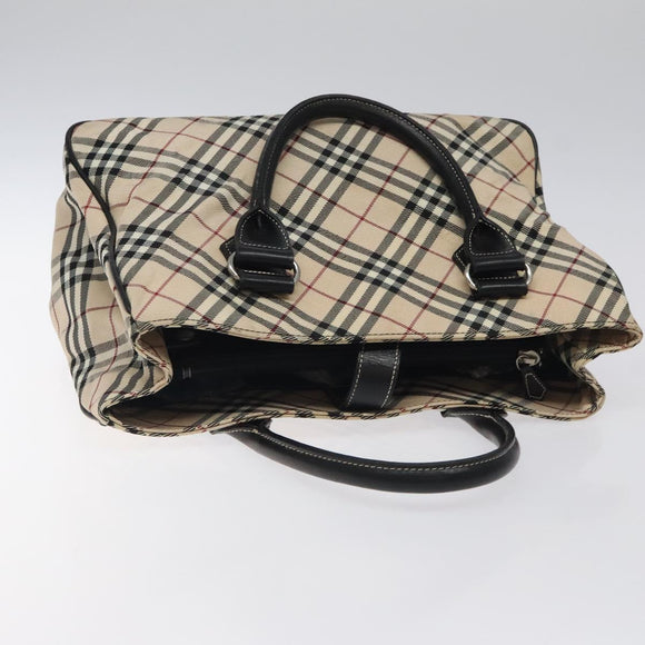 BURBERRY Nova Check Blue Label Hand Bag Nylon Beige Silver Auth kk474