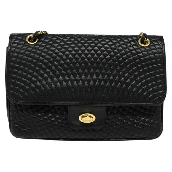 BALLY Quilted Chain Shoulder Bag Leather Black Gold Auth kk478