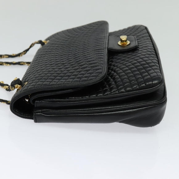 BALLY Quilted Chain Shoulder Bag Leather Black Gold Auth kk478
