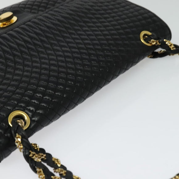 BALLY Quilted Chain Shoulder Bag Leather Black Gold Auth kk478