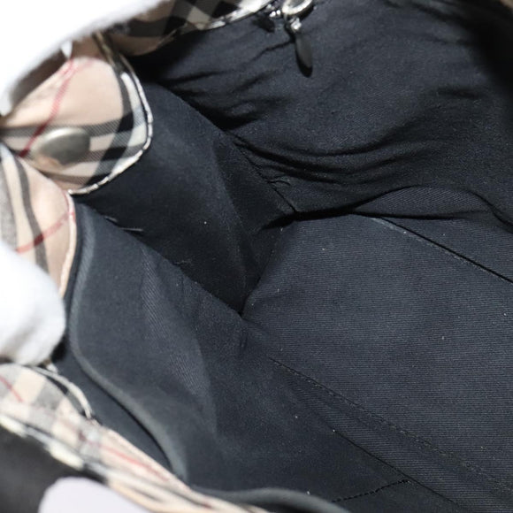 BURBERRY Nova Check Blue Label Hand Bag Nylon Beige Silver Auth kk482