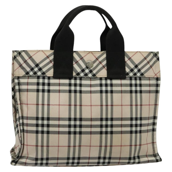 BURBERRY Nova Check Blue Label Hand Bag Nylon Beige Silver Auth kk482