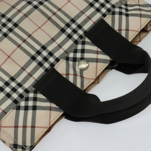 BURBERRY Nova Check Blue Label Hand Bag Nylon Beige Silver Auth kk482