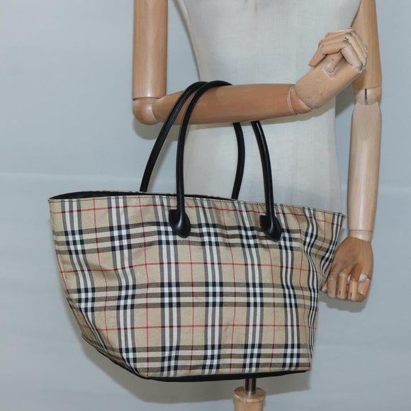 Burberrys Nova Check Blue Label Tote Bag Nylon Beige Silver Auth kk487
