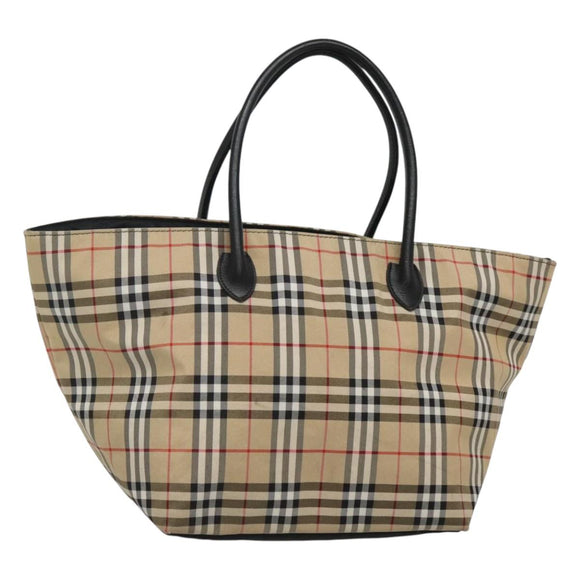 Burberrys Nova Check Blue Label Tote Bag Nylon Beige Silver Auth kk487