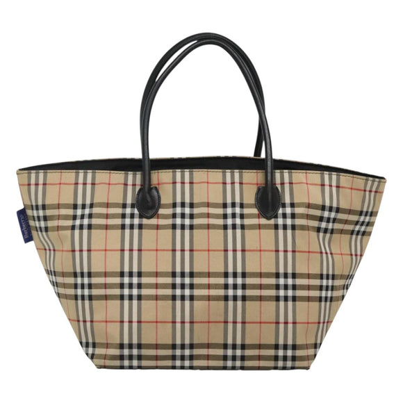 Burberrys Nova Check Blue Label Tote Bag Nylon Beige Silver Auth kk487