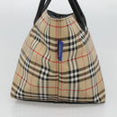 Burberrys Nova Check Blue Label Tote Bag Nylon Beige Silver Auth kk487-4