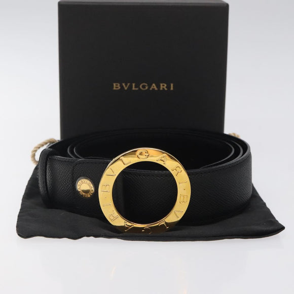 BVLGARI Belt Leather 45.3"" Black Gold Auth kk499