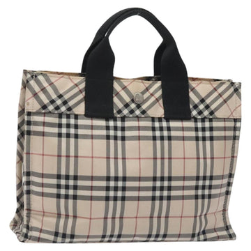 BURBERRY Nova Check Blue Label Hand Bag Nylon Beige Silver Auth kk500