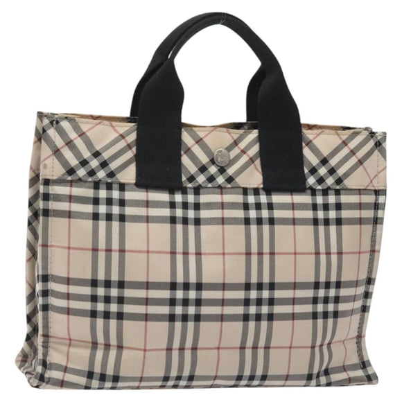 BURBERRY Nova Check Blue Label Hand Bag Nylon Beige Silver Auth kk500