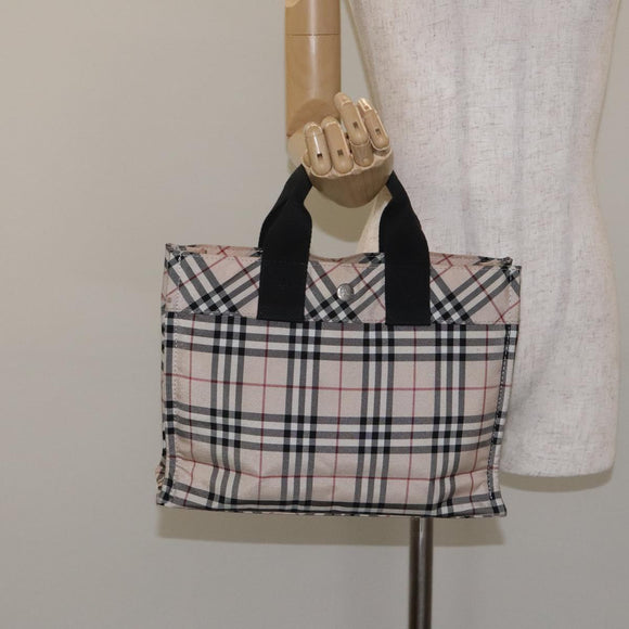BURBERRY Nova Check Blue Label Hand Bag Nylon Beige Silver Auth kk500