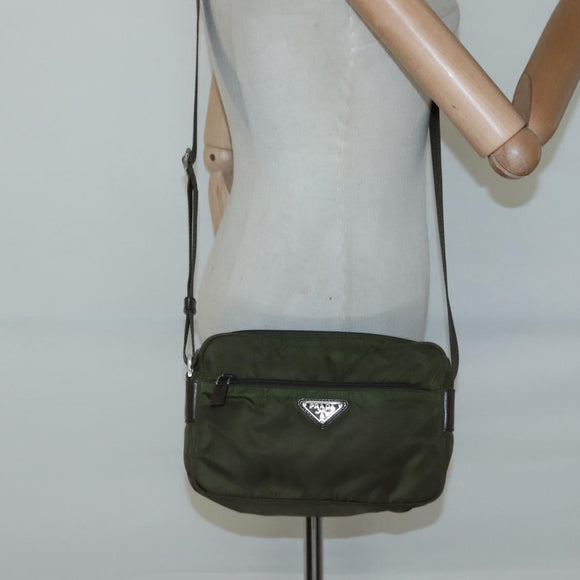 PRADA Shoulder Bag Nylon Khaki Silver Auth kk507