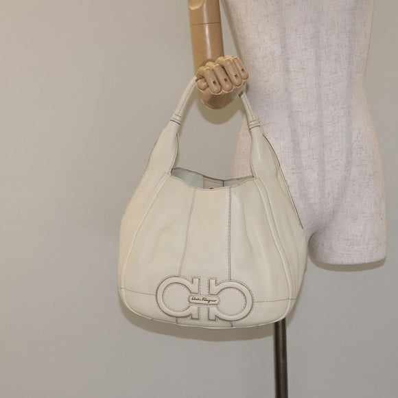 Salvatore Ferragamo Hand Bag Leather White Gold Auth kk510