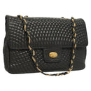 BALLY Chain Shoulder Bag Leather Black Gold Auth kk523-1