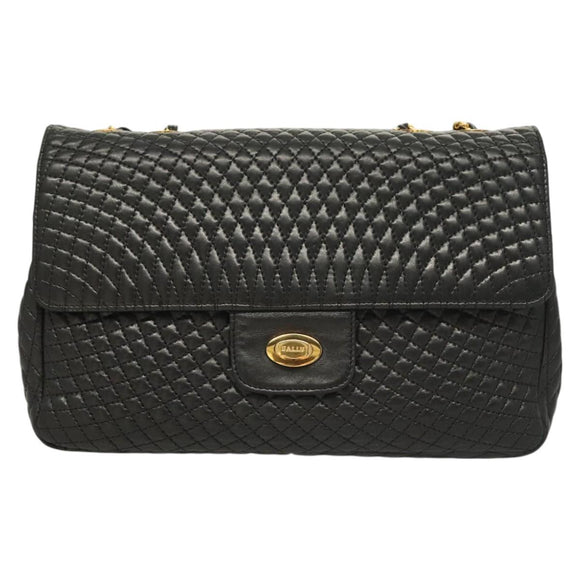 BALLY Chain Shoulder Bag Leather Black Gold Auth kk523