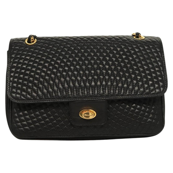 BALLY Chain Shoulder Bag Leather Black Gold Auth kk524