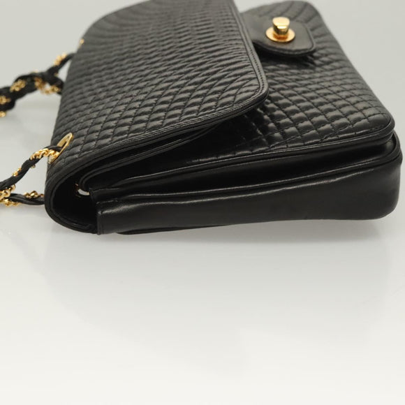 BALLY Chain Shoulder Bag Leather Black Gold Auth kk524